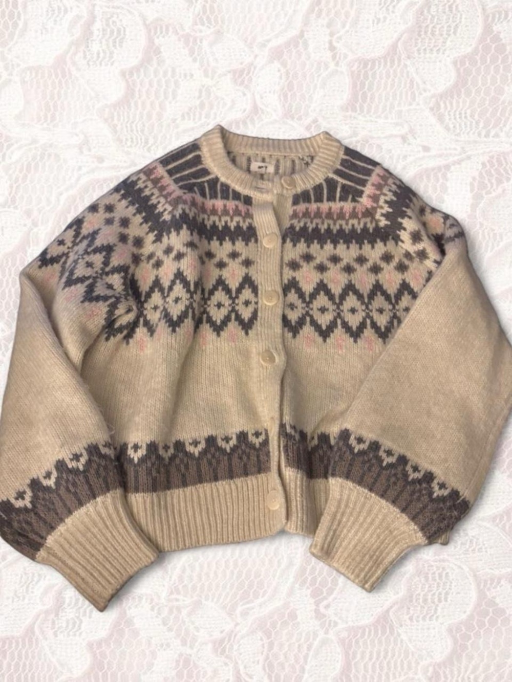 aerie Beige Fair Isle Button-Front Cardigan with Pink & grey Accents